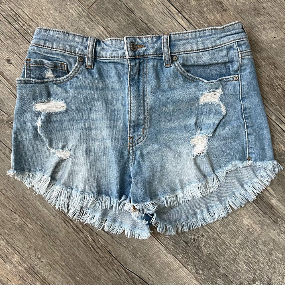 eunina Light Blue Distressed Denim Frayed Hem Shorts